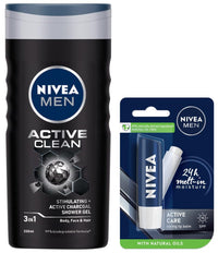 Nivea Men Shower Gel, Active Clean Body Wash, Men, 250ml & Men Lip Care, Active Care Lip Balm, SPF 15, 4.8g