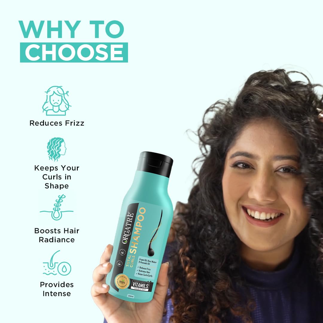ORGATRE Total Curls Shampoo - 250ml | Rice Water & Argan Oil | Defines & Nourishes Curly Hair | Moisturizing Shampoo for Men & Women