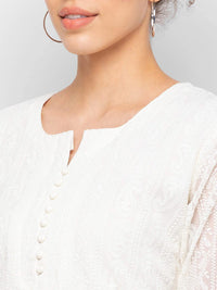 ZOLA Exclusive Georgette Round Neck with Full Sleeves and Calf Length Luckhnowi Chikan Kari Kurta with Button Placket on Yolk Ethnic Wear Straight Kurta for Women Pack of 1