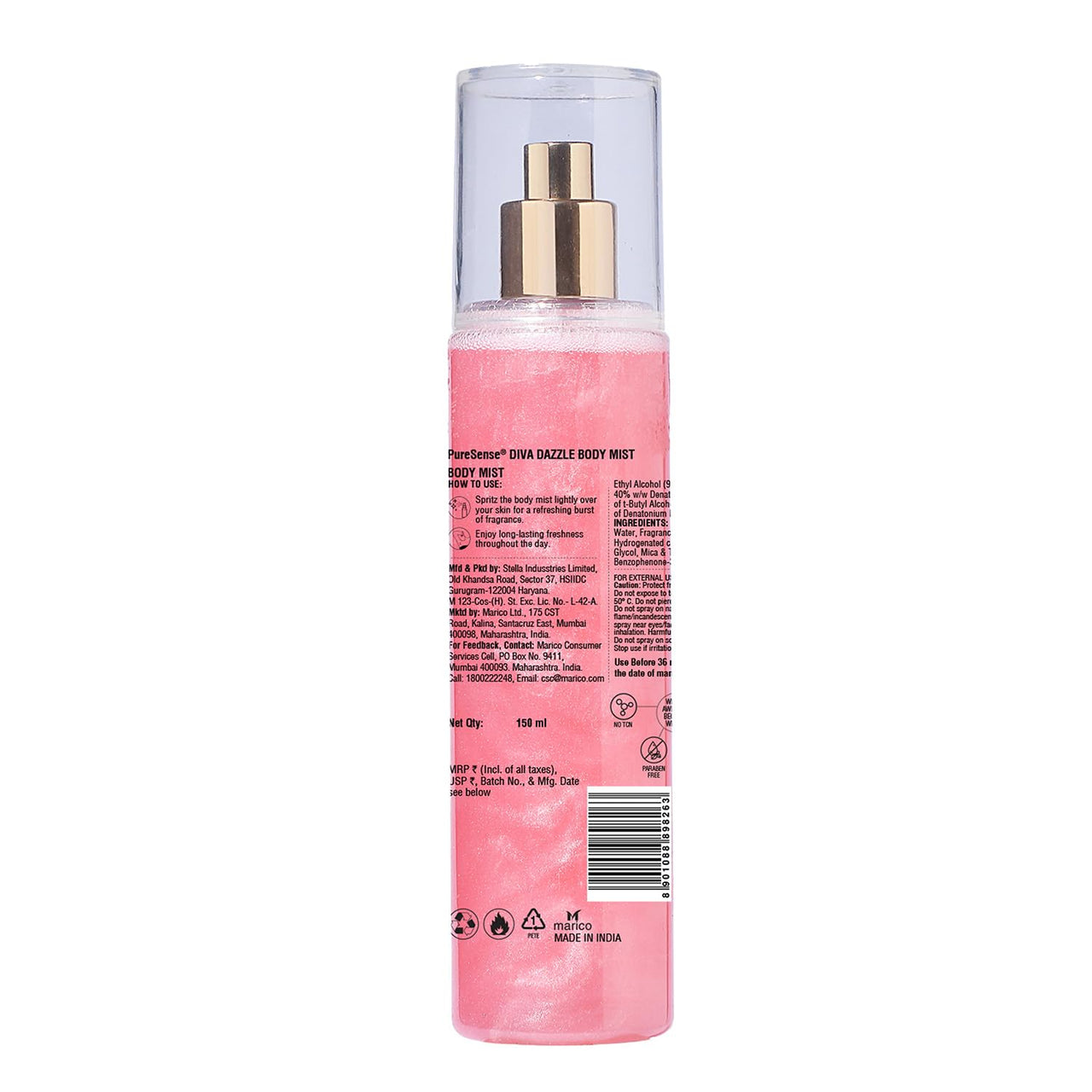 PureSense Diva Dazzle Pink Shimmer Body Mist Spray for Women | Long Lasting Luxury Refreshing Fragrance | Travel Friendly | 150ml