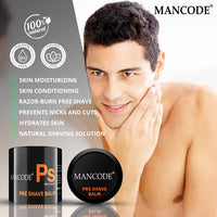 Mancode Pre - Post Shaving Kit for Men Pre Shave Balm 100 gm & After Shave Balm 100 gm Skin Moisturizing & Soothes Skin Irritation Prevents Razor Burns Helps Healing Cuts and Closes Pores Enriched with Aloevera Almond Oil Lemon Turmeric Chamomile Oil (Pac