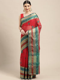 leeza store Women's  Jacquard Dobby Butta Butti Rich Kota Doria Cotton Silk Saree With Blouse Piece Green