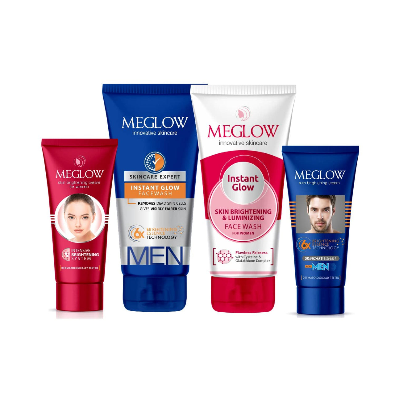 Meglow Men & Women Skin care Combo Pack of 4- Men & Women Skin brigehtening Cream 30g Each|Men's & Women's Instant glow Facewash 70g Each |For Smooth, Clean & Radiant Skin