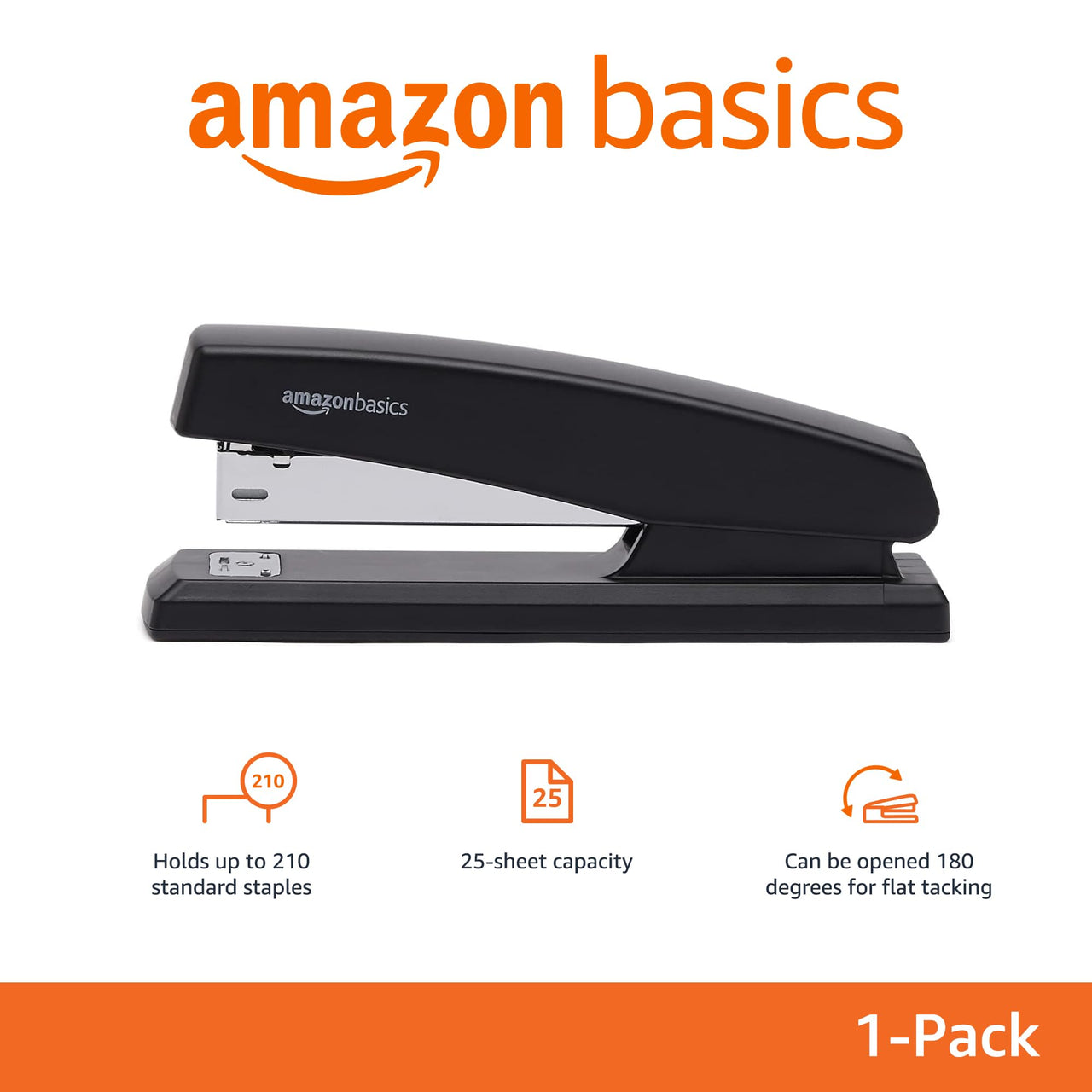 Basics Stapler with 1000 Staples, Office Stapler, 25 Sheet Capacity, Non-Slip, Black 1-Pack