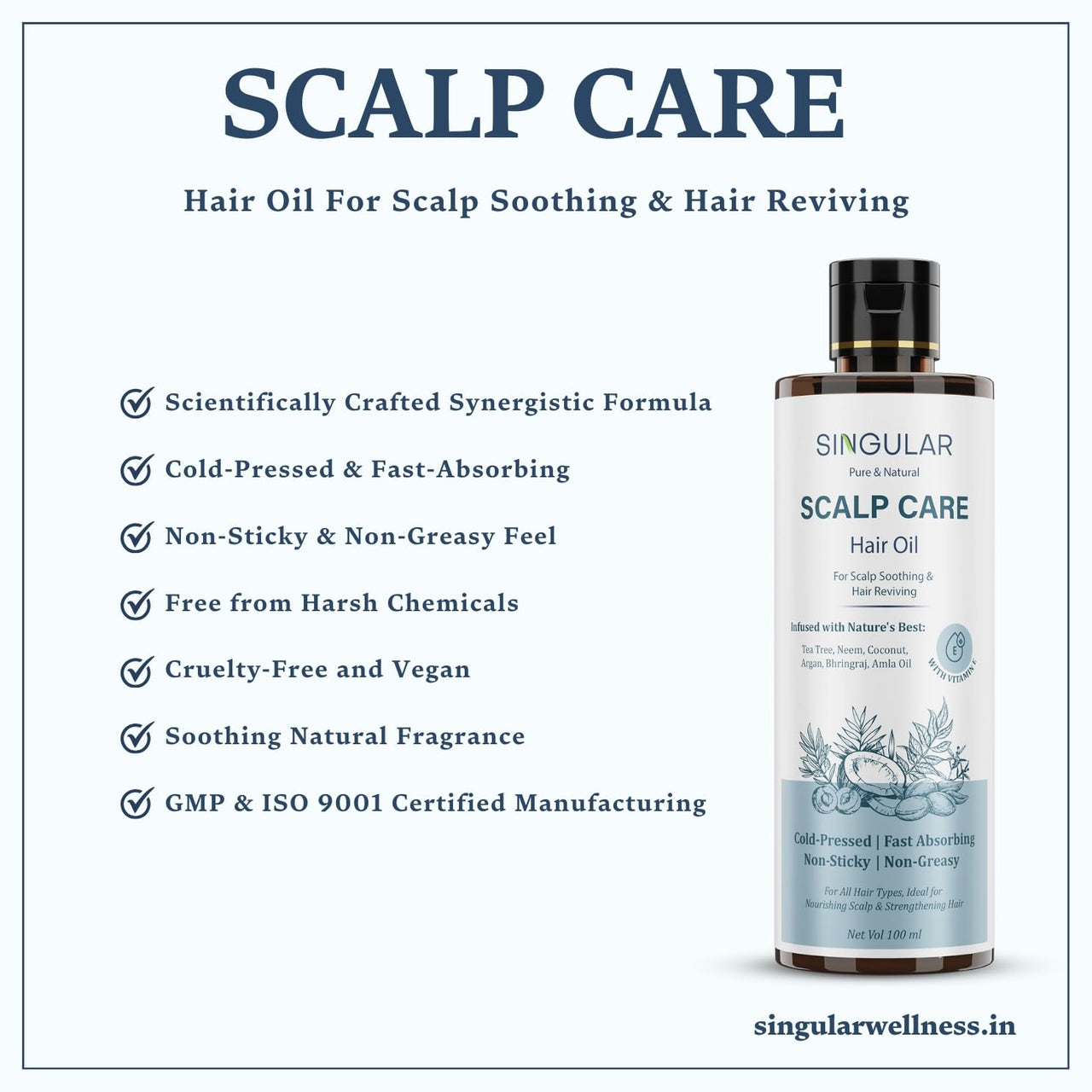 Singular Scalp Care Hair Oil for Itchy Scalp, Soothing & Sebum Control, Cold-Pressed with Tea Tree, Neem, Argan & More - 100 ml