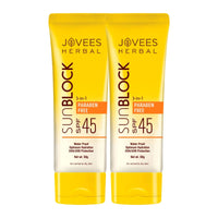 Jovees Herbal Sun Block SPF 45 For Even Toned & Glowing Skin | Suitable For Dry Skin | Sunscreen for UVA/UVB & Blue Light Protection | Lightweight & Non Grassy for Men & Women 50g (Pack of 2)