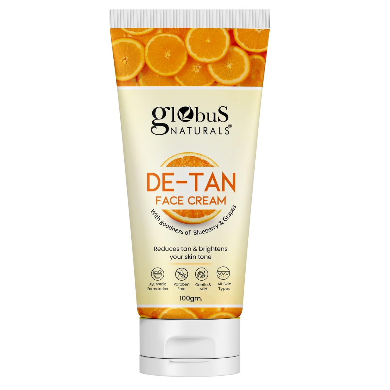 Globus Naturals De Tan Face Cream, Enriched with Blueberry & Grapes, Tan Removal, Anti Pollution & Oil Control Formula, Chemical Free, Cruelty Free, Suitable For All Skin Types, 100 gm