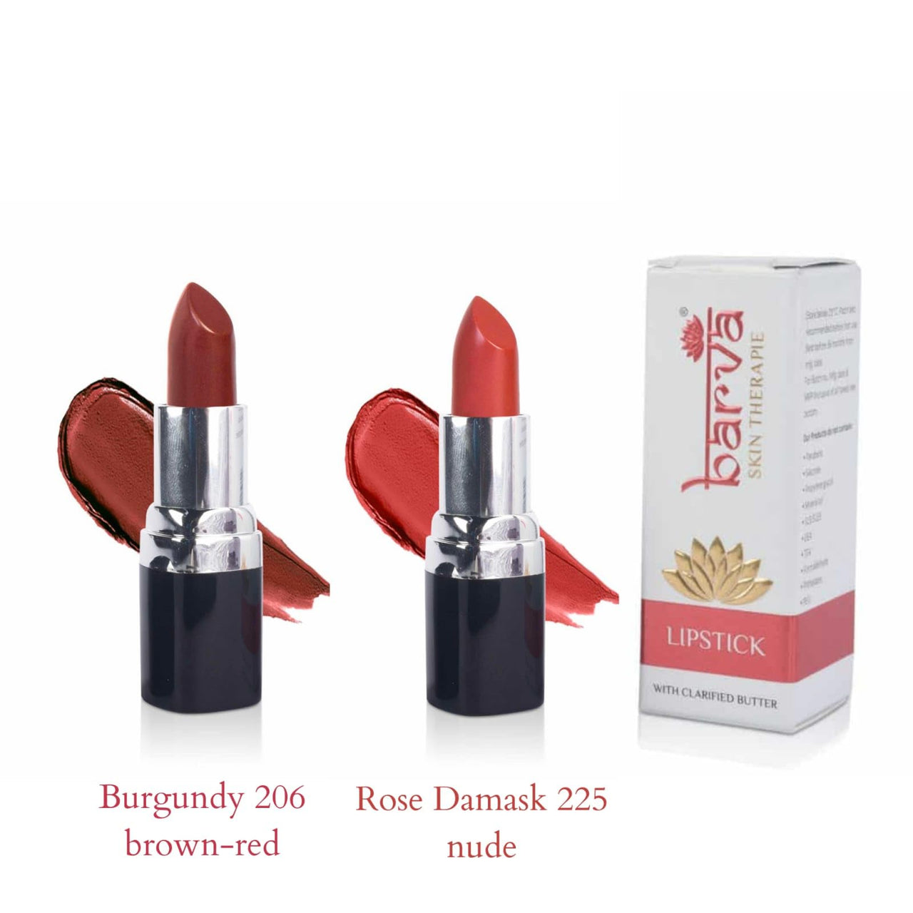 Barva Natural & Moisturising Lipsticks made using Clarified Butter, Kokum butter and Mineral Colours, 4.3g (Pack of 2) (Rose Damask 225 & Burgundy 206)