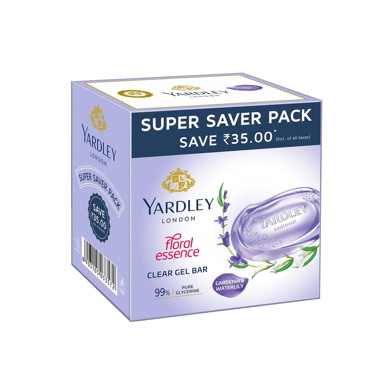 Yardley London Clear Gel Bar Gardenia And Waterlily - With 99% Pure Glycerin And Natural Floral Oils - 125Gx3