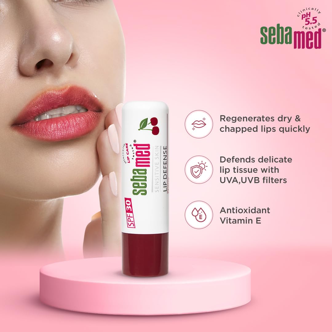 Sebamed Lip defense 4.8gm, Cherry | SPF 30 |Lip balm for Dry & Chapped lips with natual oil & Vitamin E | UV protection | Dermatologically tested