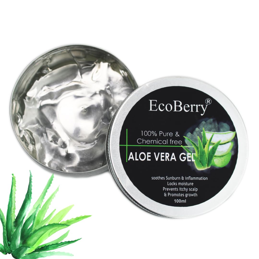 EcoBerry Pure & Chemical Free Aloe Vera Gel, Soothes Skin, Sun burn, Anti-Ageing, Reduces Dandruff, Antioxidant Rich, Anti-inflammatory, Natural & Handmade, Paraben Free, Vegan, 100ml