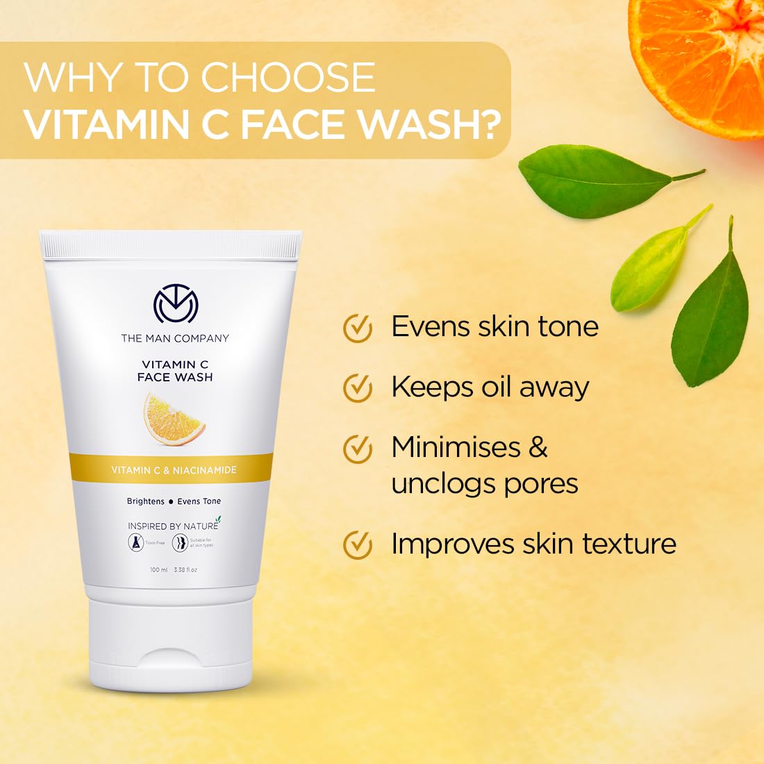 The Man Company Skin Brightening Vitamin C Face Wash - 100ml | Oil-Free Look & Instant Glow | Evens Skin Tone | Goodness of Turmeric & Niacinamide I Paraben & SLS Free