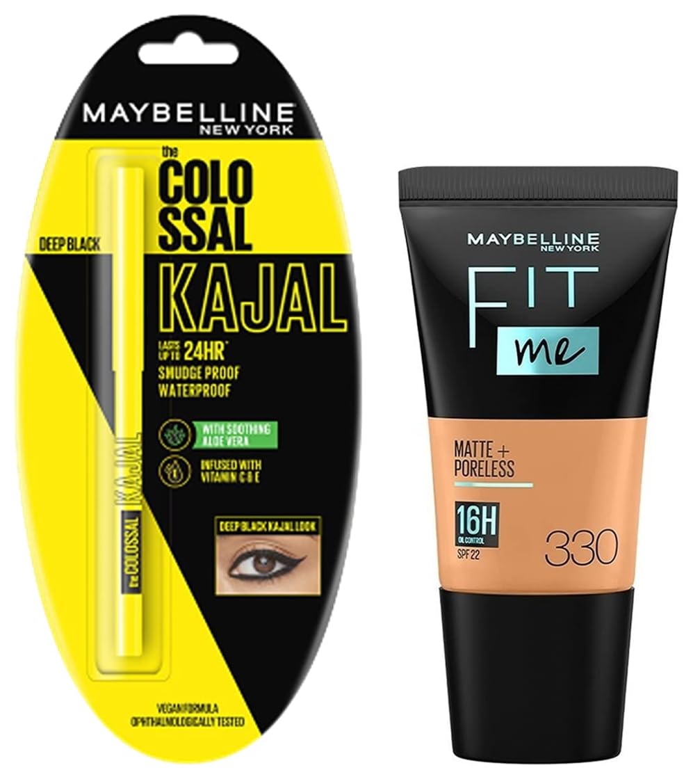 Maybelline New York Colossal Kajal, Black, 0.35G & New York Fit Me Matte+Poreless Liquid Foundation Medium Coverage For Oily Skin Tube, 330 Toffee, 18Ml, Pack Of 1