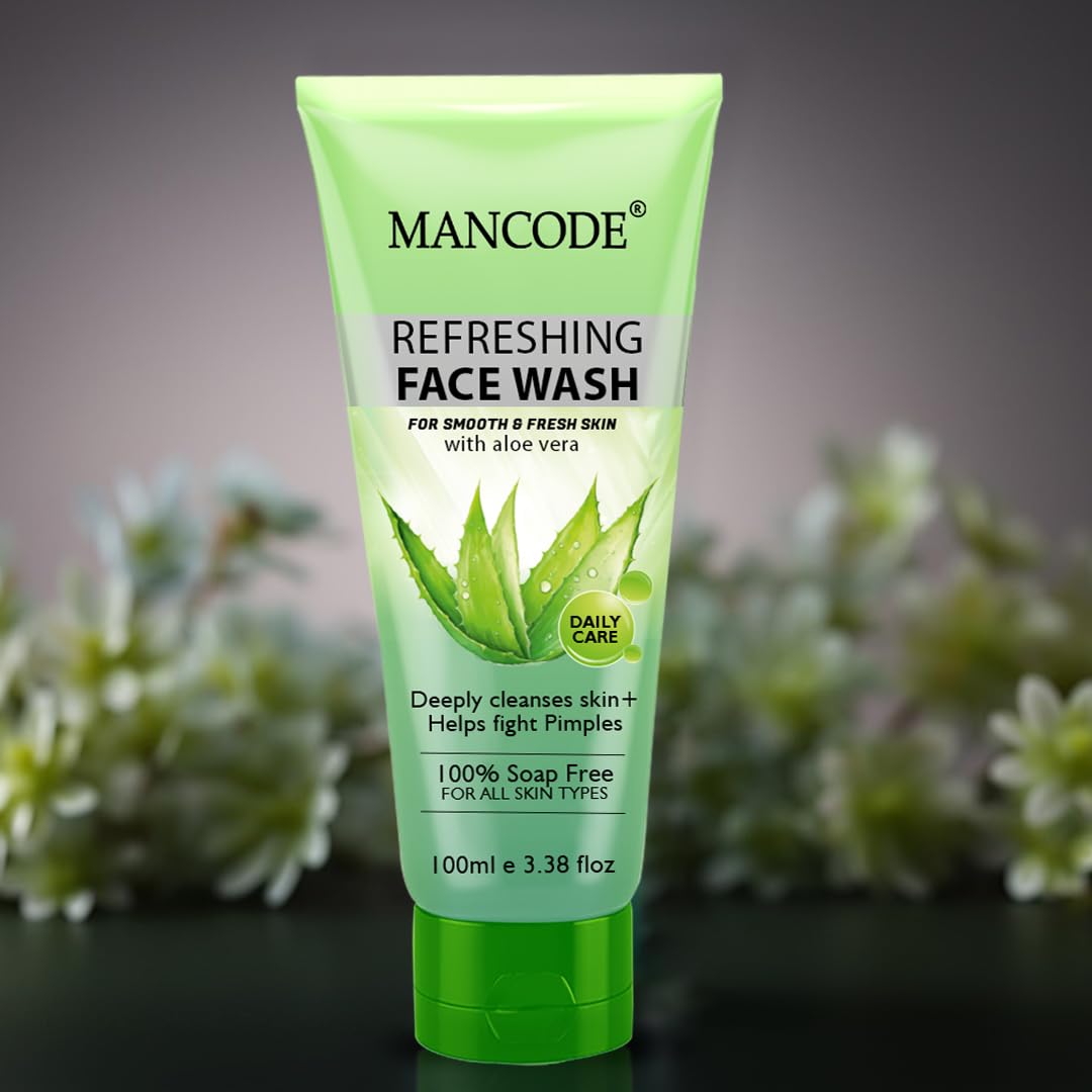 Mancode Refreshing Face Wash 100ml with Aloe Vera | Deep Cleansing & Pimple Fighting | Removes Dirt & Oil for Smooth, Fresh Skin | 100% Soap-Free Face Wash for Men & Women