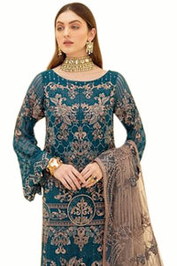 Miss Ethnik Women's  Faux Georgette Semi Stitched Top With Unstitched Santoon Bottom and Net Dupatta Embroidered Straight Top Dress Material (Pakistani Salwar Suit)