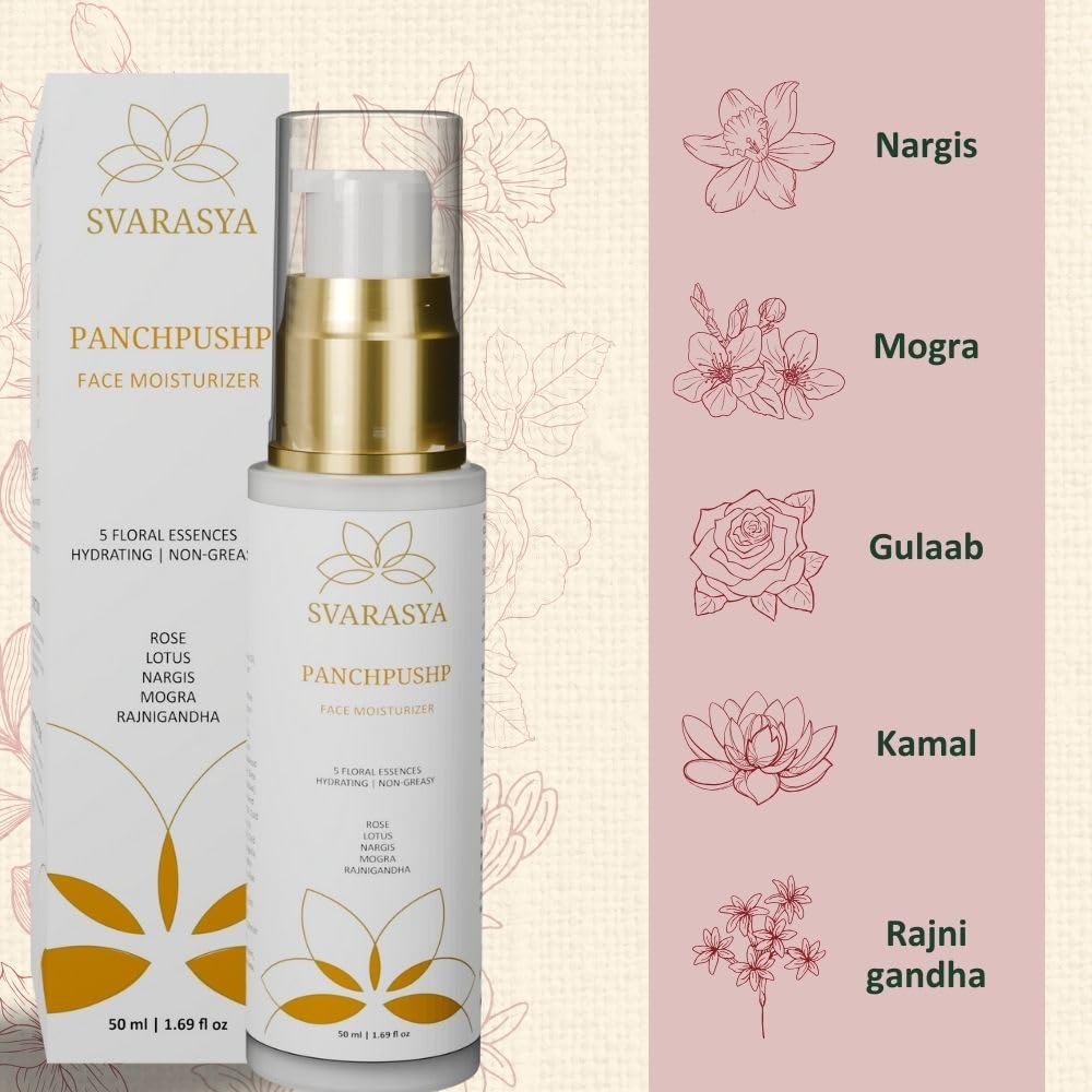 Svarasya Panchpushp - The Ancient Skin Hydration Lotion For Face with Natural ingredients | Retaines moisture upto 8 hours | Hydrates dull and dry skin | Non-greasy, lightweight, and dewy finish | For soft & glowing skin (Moisturizer, 50 Ml)
