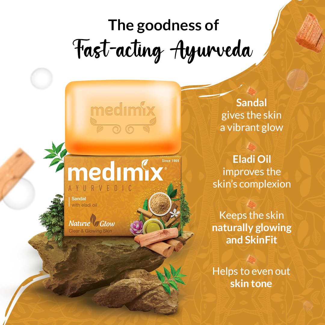 Medimix Ayurvedic Sandal Bathing Soap Bar With Eladi Oil 125Gm (Buy 4 and Get 1 Extra Combo Pack) | For Naturally Glowing Skin | Herbal | Natural | Paraben-free & Sulphate-free | 100% Vegan