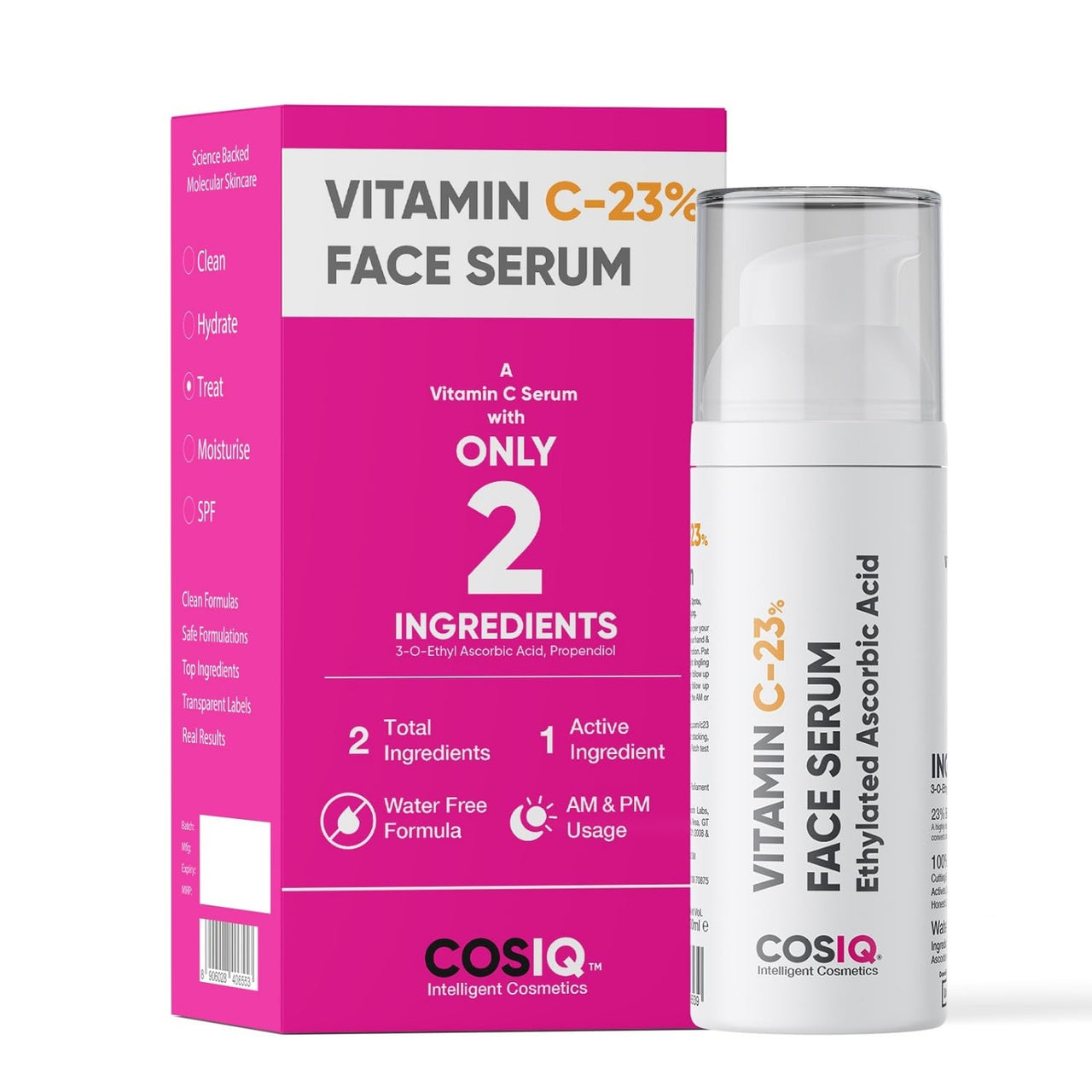 Cos-IQ 23% Vitamin C Face Serum for Glowing Skin 30ml| Advanced Molecular Skincare Technology | Highly Stable, Non Irritating, Non Sticky| Brightening & Hydrating Formula For Men & Women
