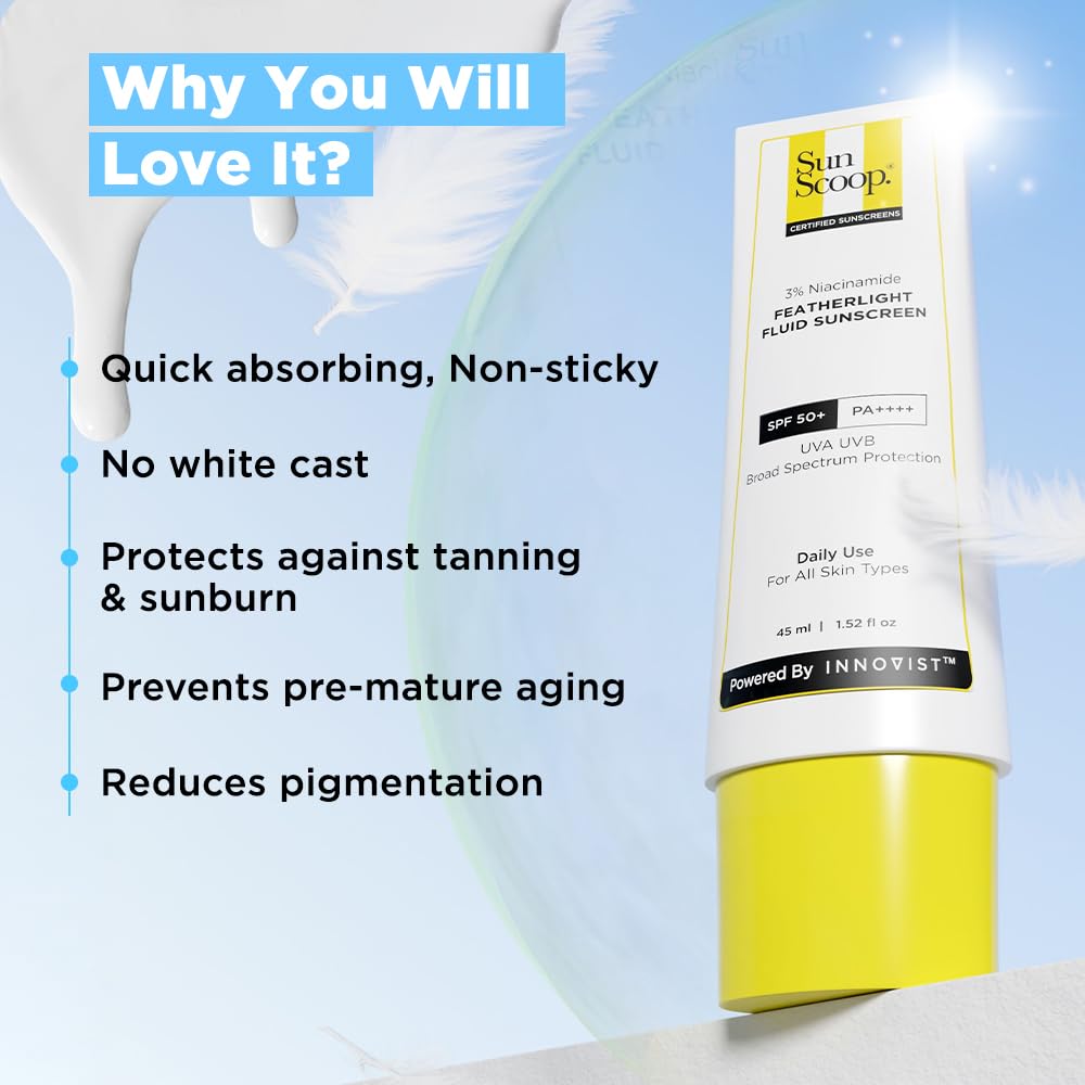 SunScoop 3% Niacinamide Fluid Sunscreen | Ultra-Light Texture | SPF 50+ PA++++| Fast Absorption, Prevents Tanning & Sunburn | 8 Hrs+ SPF Protection, for Oily Skin & No White Cast | Reduces pigmentation | All SkinTypes | 45ml