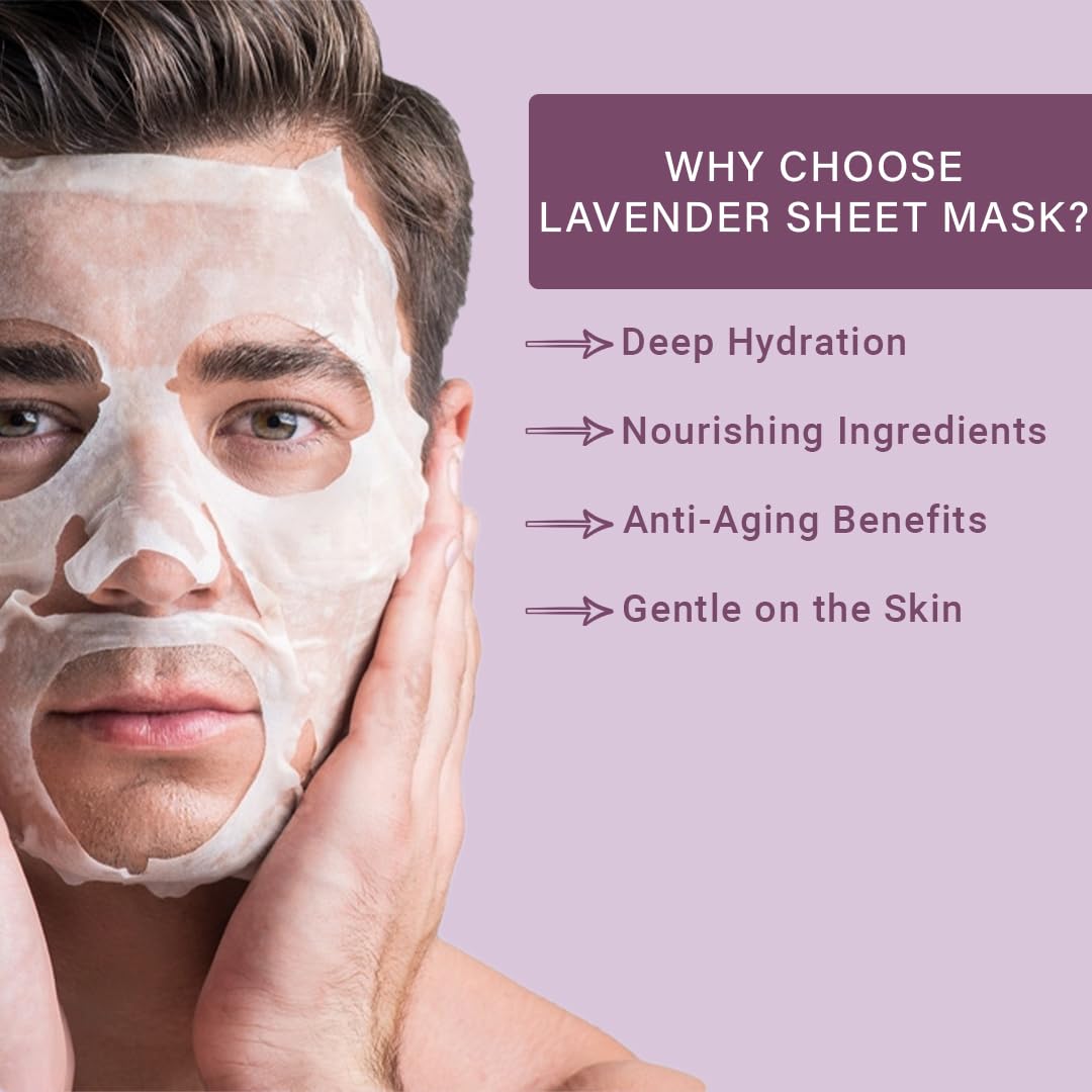 Mancode Lavender Facial Sheet Mask 25ml Smoothen Rough & Dry Skin Calming Firming Pore Reducing, Brightening and Enhances Daily Glow | Korean Sheet Mask for Men Women Sheet Mask Set Combo Pack of 3