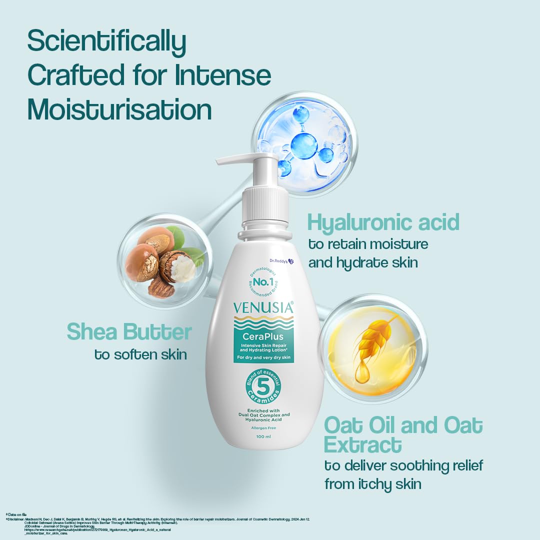 Venusia Ceraplus Lotion for Dry Skin - 5 Essential Ceramides for Deep moisturization & barrier repair I With Oat oil & oat extract,Hyaluronic Acid I Fragrance free body lotion I100ml