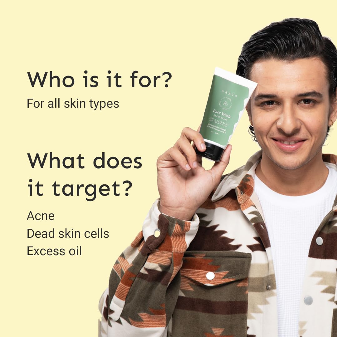 Arata Refreshing & Hydrating Face Wash 150ml | With Peppermint, Lemon Oil & Flax Seed Extracts | For Dry, Oily, Sensitive Skin | Detoxifies, Gently Exfoliates, Controls Oil and Dirt | For Women & Men