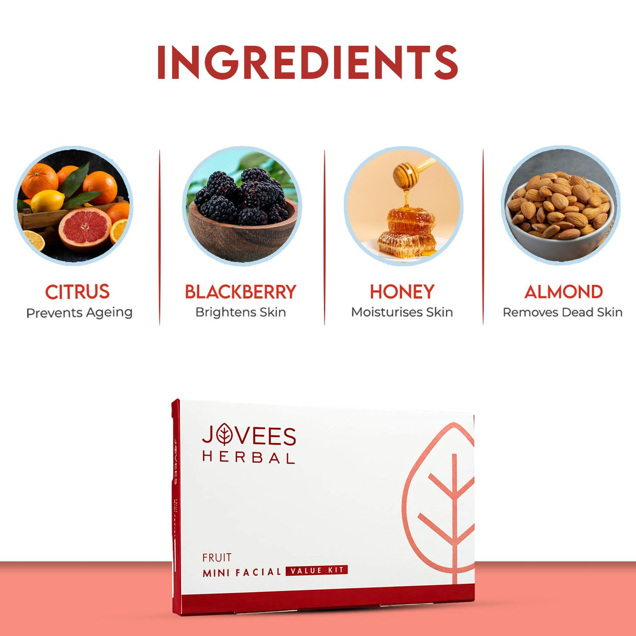 Jovees Herbal Mini Fruit Facial Kit For Hydrated Skin, Reduces Fine Lines, Tanning & Dullness With 6 Easy Step | Kit for Enhance Natural Glow 63g (Single Use)