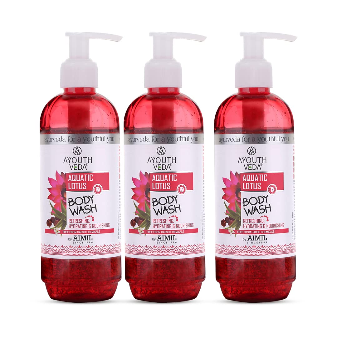 Ayouthveda Aquatic Lotus Body Wash with Rich Blend Of Aloevera, Lotus & Holy Basil |Refreshes, Deep Cleanses & Hydrates the Body | Gentle body wash for Daily use (Pack of 3-300ml each)