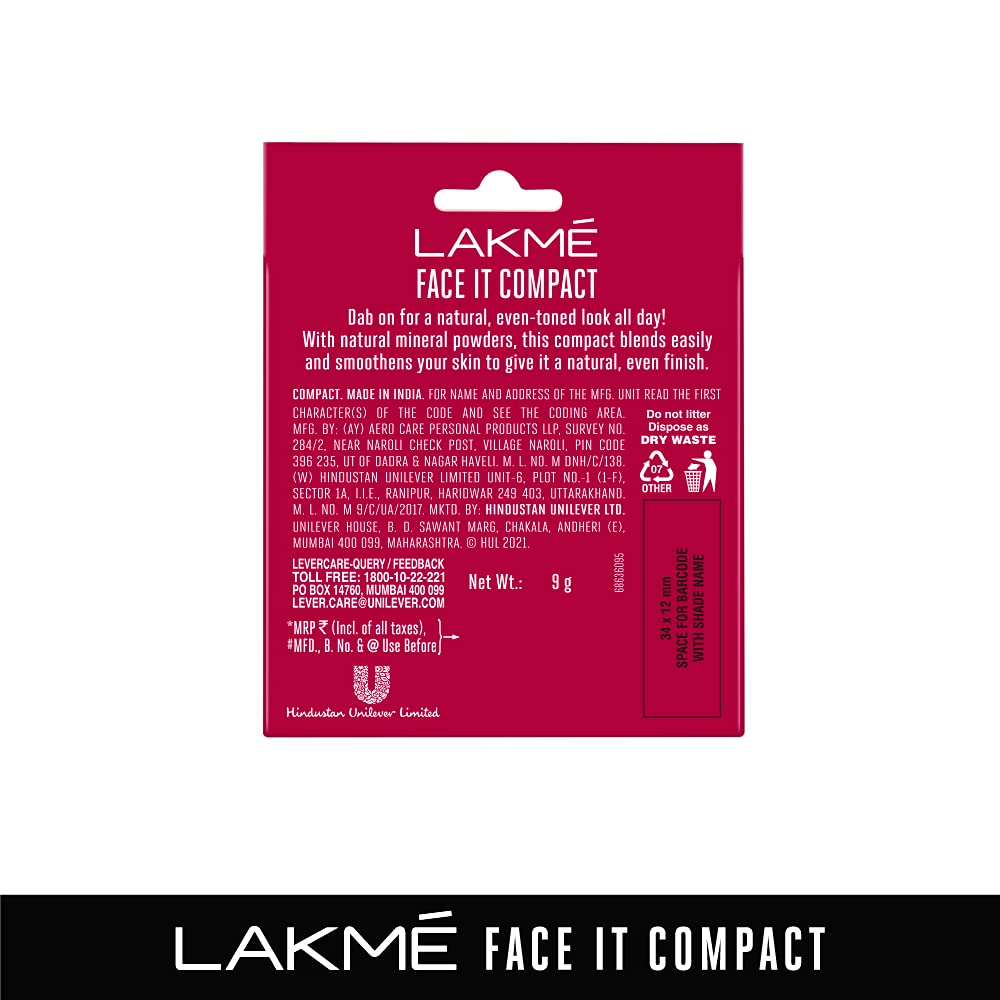 Lakmé Face It Compact, Coral, 9 g & Lakmé Perfecting Liquid Foundation, Shell, Long Lasting, Waterproof, Full Coverage, Lightweight Foundation For Oil Free & Dewy Skin, 27ml
