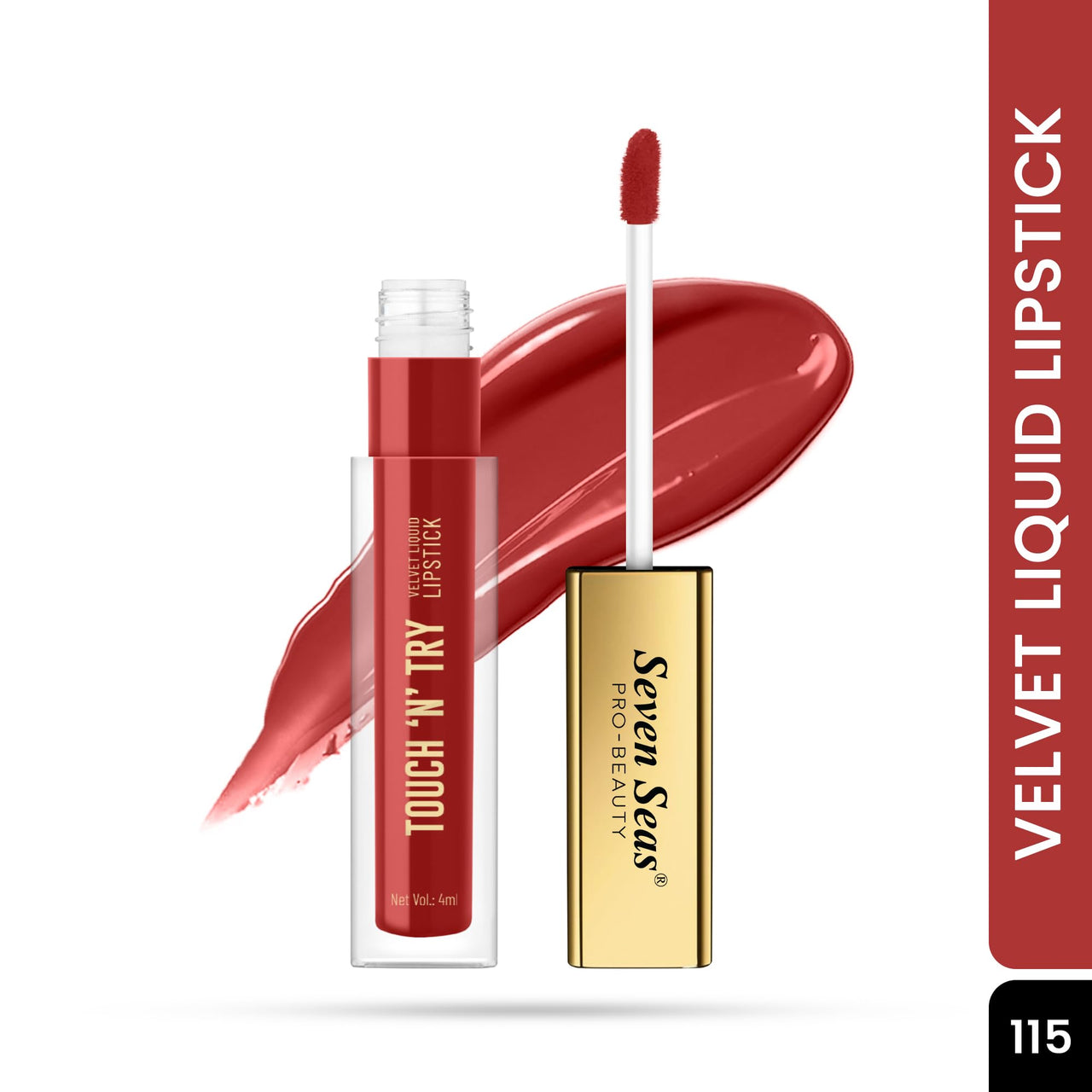 Seven Seas Touch N Try Velvet Liquid Lipstick | Matte Finish | One Swipe Application | Non Transfer | Water Proof | Liquid Lipstick for Women | Long Lasting Stay Up to 8 Hours (15, 4ML)