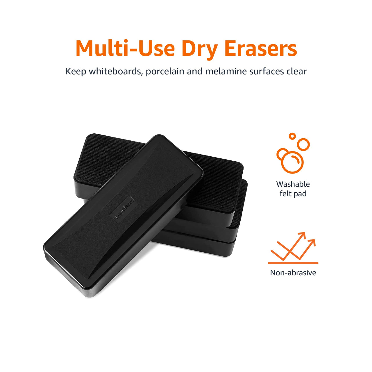 Basics White Board Eraser, Dry Erase Whiteboard Erasers for Office, Home and Classroom, Black, 4-Pack