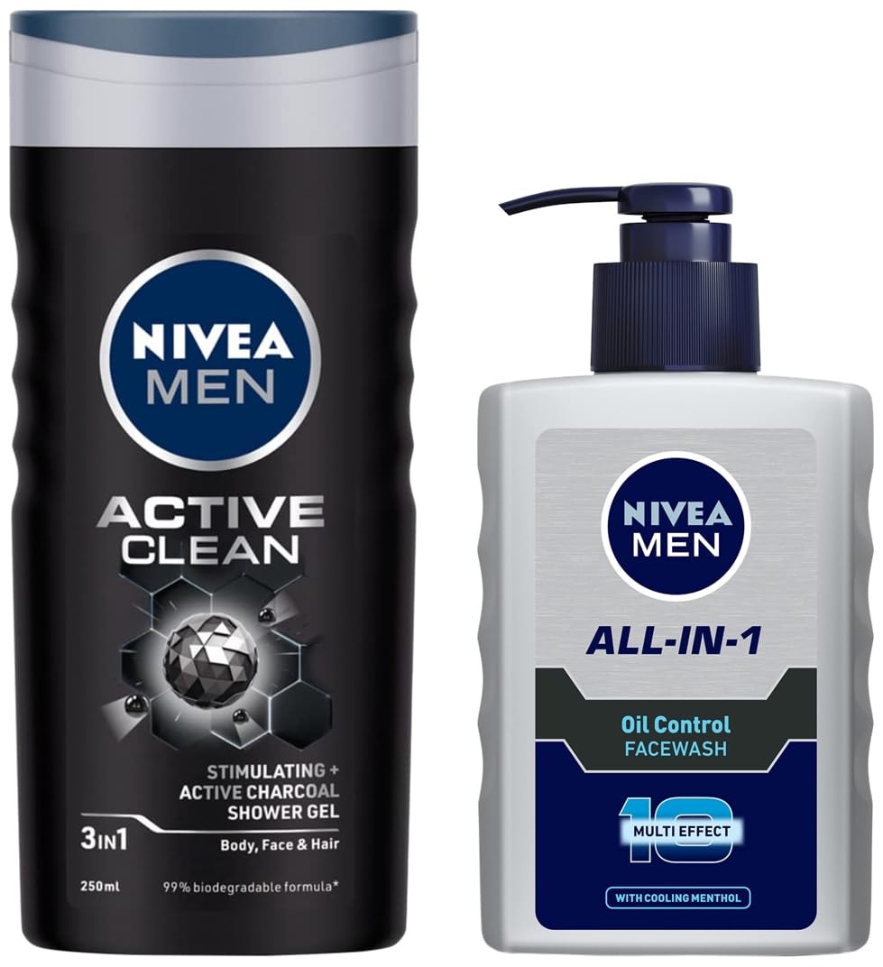 NIVEA Men Face Wash, Oil Control, 10x Vitamin C, 150ml And NIVEA Men Shower Gel, Active Clean Body Wash, Men, 250ml