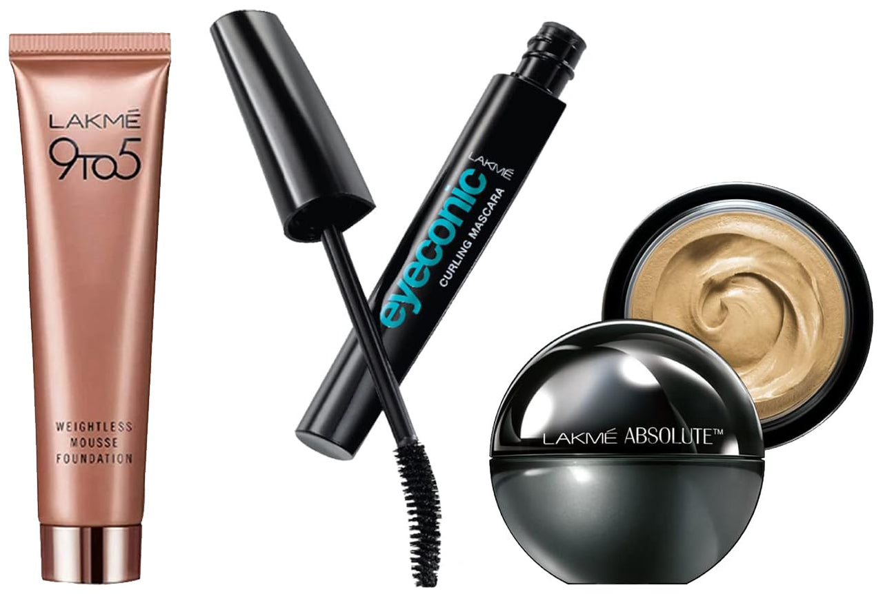 Lakme Absolute Skin Natural Mousse, Ivory Fair 01, SPF 8, 25g & Lakme Eyeconic Lash Curling Mascara, Black, 9ml & Lakme 9 to 5 Weightless Mousse Foundation, Rose Ivory, 25g