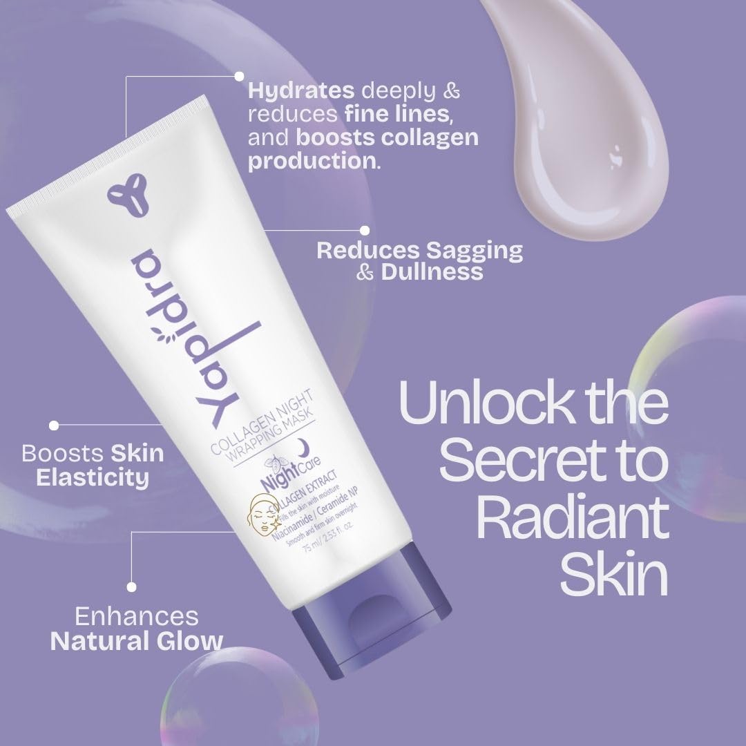 YAPIDRA Korean Collagen Night Wrapping Mask – Intense Hydration, Skin Rejuvenation & Anti-Aging Formula | Collagen, Niacinamide, Ceramide, Hyaluronic Acid for Moisturized, Glowing, Youthful Skin | Nighttime Skin Treatment | 75ml