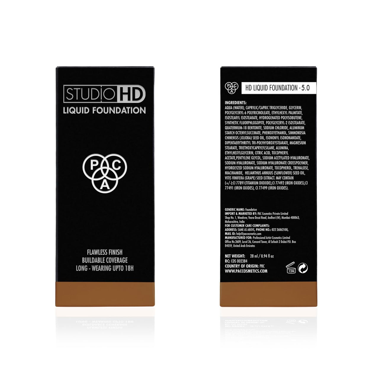 PAC Studio HD Liquid Foundation (5.0) | Lightweight Dewy Satin Finish | Medium to Buildable Coverage | Natural Second Skin like Finish | Suitable for all Skin Types - 28ml