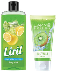 Lakmé Blush & Glow Kiwi Freshness Gel Face Wash, with Kiwi Extracts, 100g And Liril Lemon and Tea Tree Oil Body Wash, 250 ml