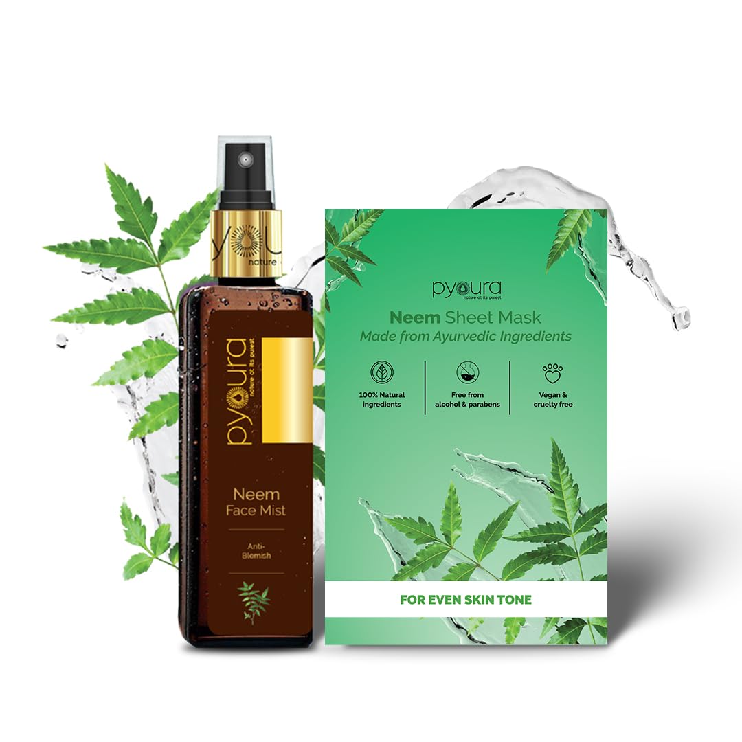 PYOURA Neem Skin Brightening Combo: Face Toner Mist Serum (100ml) + Neem Face Sheet Mask (Pack of 1), For Dark Spots & Pigmentation Care, Helps Even Skin Tone, Alcohol-Free, Natural & Ayurvedic