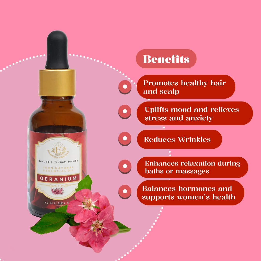 Luxurious Geranium Essential Oil by Enhanced Essentials|Therapeutic Grade,Organic & Natural | Ultra Premium and Highly Concentrated Oils for Home, Diffusers, Skin, Aromatherapy, Bath, Massage,Hair, Soap and Candle making| 30 ml