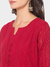 ZOLA Exclusive Georgette Round Neck with 3/4Th Sleeves and Calf Length Luckhnowi Chikan Kari Kurta with Button Placket On Yolk Ethnic Wear Straight Kurta for Women