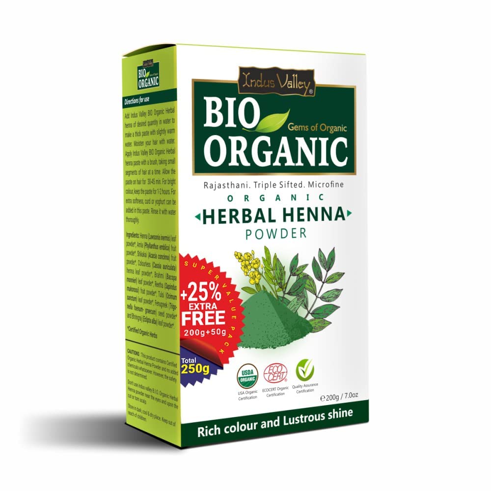 INDUS VALLEY Bio Organic Herbal Henna Powder Rich Colour and Lustrous Shine (200g+50g, Green)