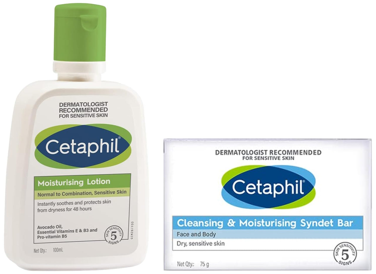 Cetaphil Moisturizing Lotion, 100ml and Cetaphil Cleansing And Moisturising Syndet Bar, 75g