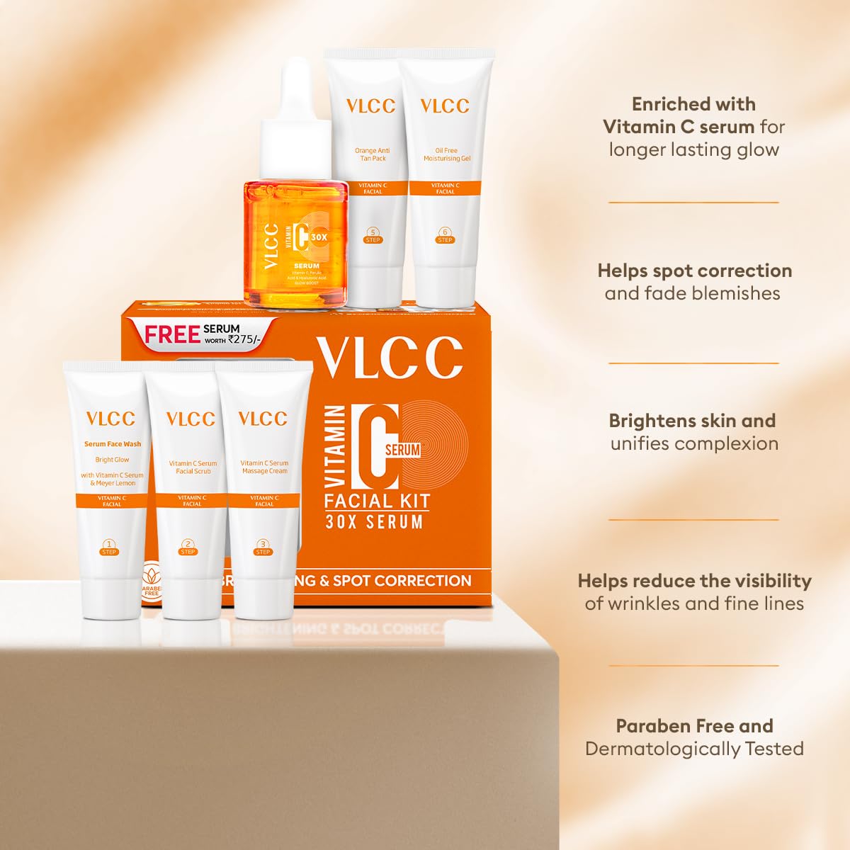 VLCC Vitamin C Serum Facial Kit - 135g | Skin Brightening Facial Kit | Skin Brightening Facial at Home | Fades Spots and Dullness | Vitamin C, Hyaluronic Acid & Ferulic Acid