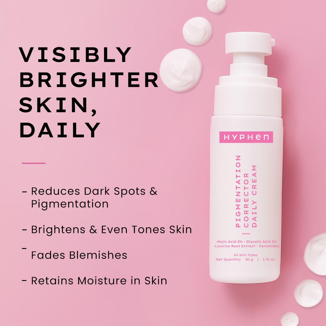 Hyphen Pigmentation Corrector Daily Cream With 2% Kojic Acid | Moisturizes & Treats Pigmentation | Reduces Dark Spots & Blemishes | Brightens Skin | Lightweight & Fragrance Free | For Women & Men -50g