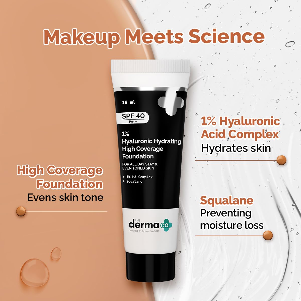 The Derma Co . 1% Hyaluronic Hydrating High Coverage Luminous Liquid Foundation With Spf 40 Pa+++ For 12 Hour Long Stay & 12 Hour Oil Control | For All Skin Types & Even Skin - 18Ml 1 Count(05 Peach)