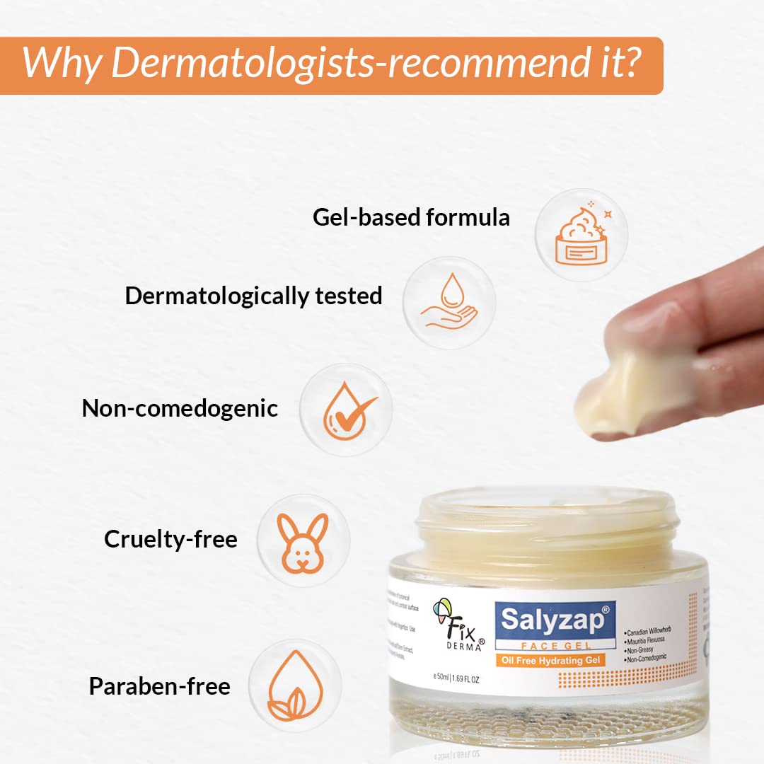 Fixderma Salyzap Face gel, Oil free hydrating gel, Deep Moisturization, Moisturizer for acne prone skin, Soothes acne and redness, non-comedogenic, non-greasy gel, Dermatologist tested - 50ml