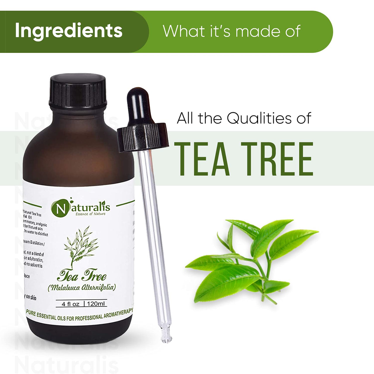 Naturalis Tea Tree Essential Oil - Tea Tree Oil for Hair, Face, Acne, Pimples and Scar - Pure and No Dilution Tea Tree Hair Oil - No Solvents - Ideal for Aromatherapy - 120ml