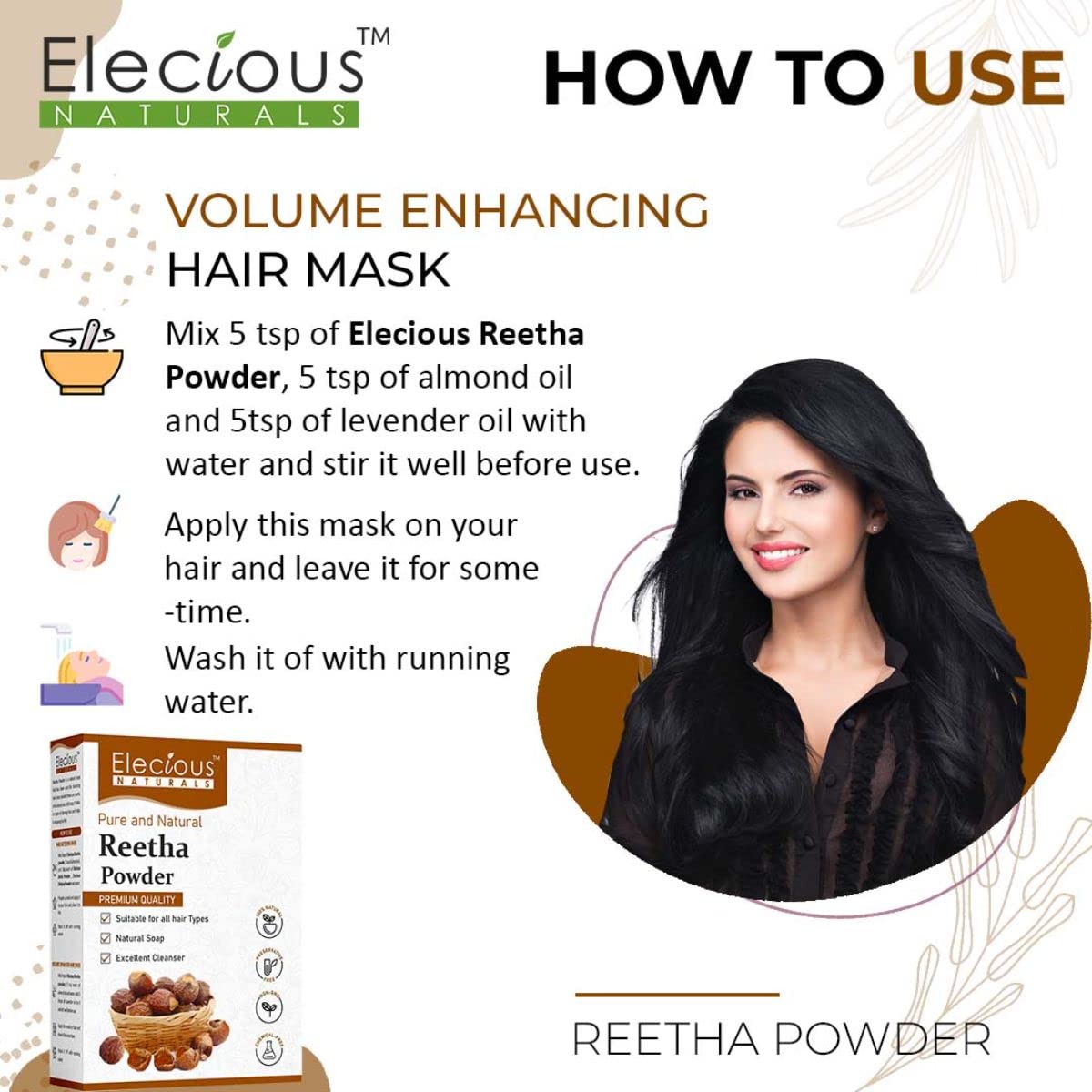 Elecious Pure Reetha Powder for Hair (200 Grams) | Ideal for Hair, Face and Skin | Soapnut powder | 100% Pure and Natural, No Chemcial, No Preservative.