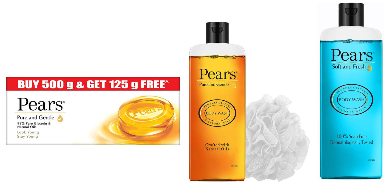 Pears Pure & Gentle Moisturising Bathing Bar Soap with Glycerine For Golden Glow 125g (Pack of 5) & Pears body wash, 250 ml & Pears Bodywash Moisturising 98% Pure Glycerine 250 ml (Free Loofah)