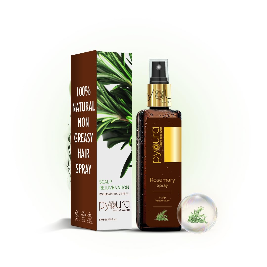 PYOURA Rosemary Water Spray 100ml for hair fall control, Natural Non-greasy Heat Protection Serum Mist Toner supports hair growth, Ayurvedic Pure Herbal 100% extract of fresh rosemary leaves.