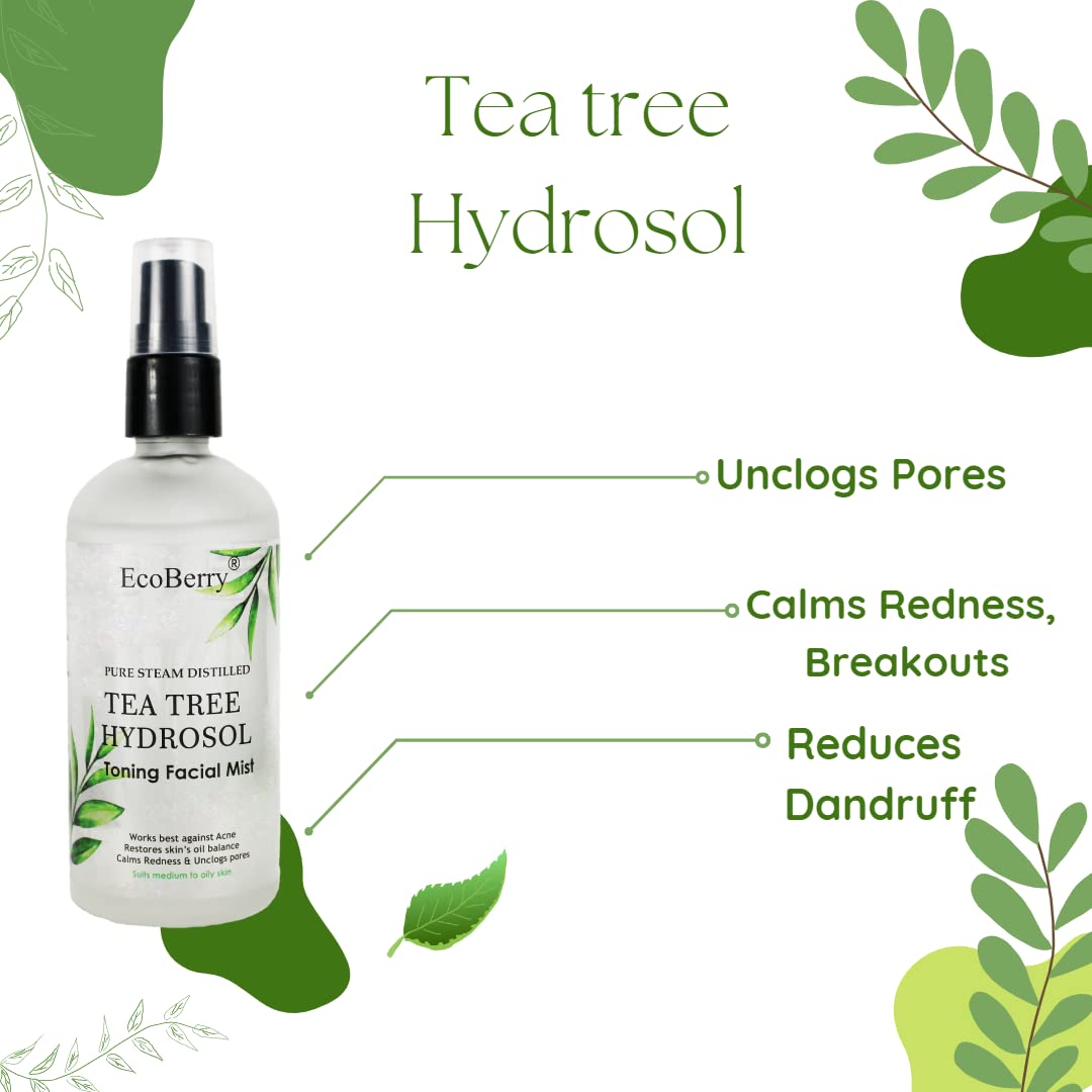 EcoBerry Pure Steam Distilled Teatree Hydrosol Toning Facial Mist For Oily Acne Prone Skin, Calms Redness, Breakouts, Restores Oil Balance, Suits Oily Skin, Natural, Chemical Free - 100 Ml
